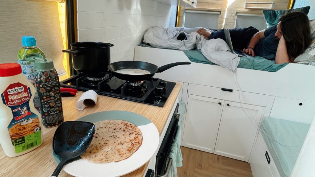 Small space to do work while cooking in a camper